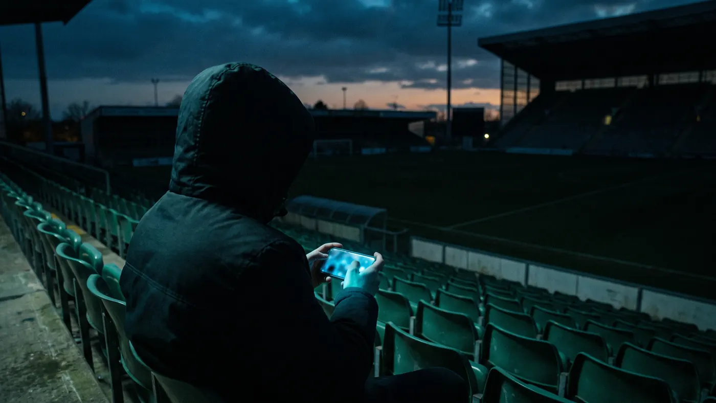 Alguien mirando un video de highlights en el celular, en una tribuna vacía.